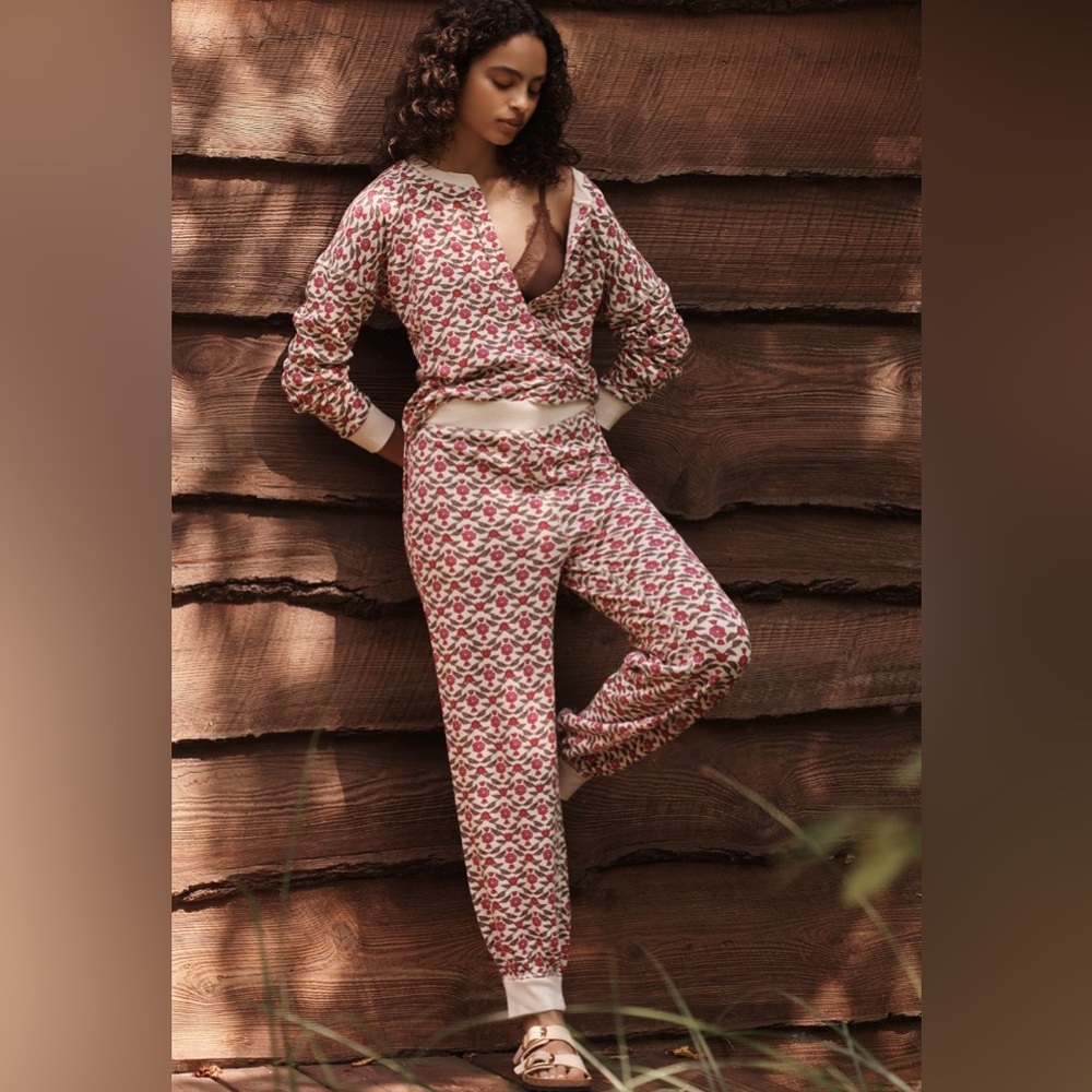 Anthropologie Red and Cream Floral Long-Sleeve Pajama Set
